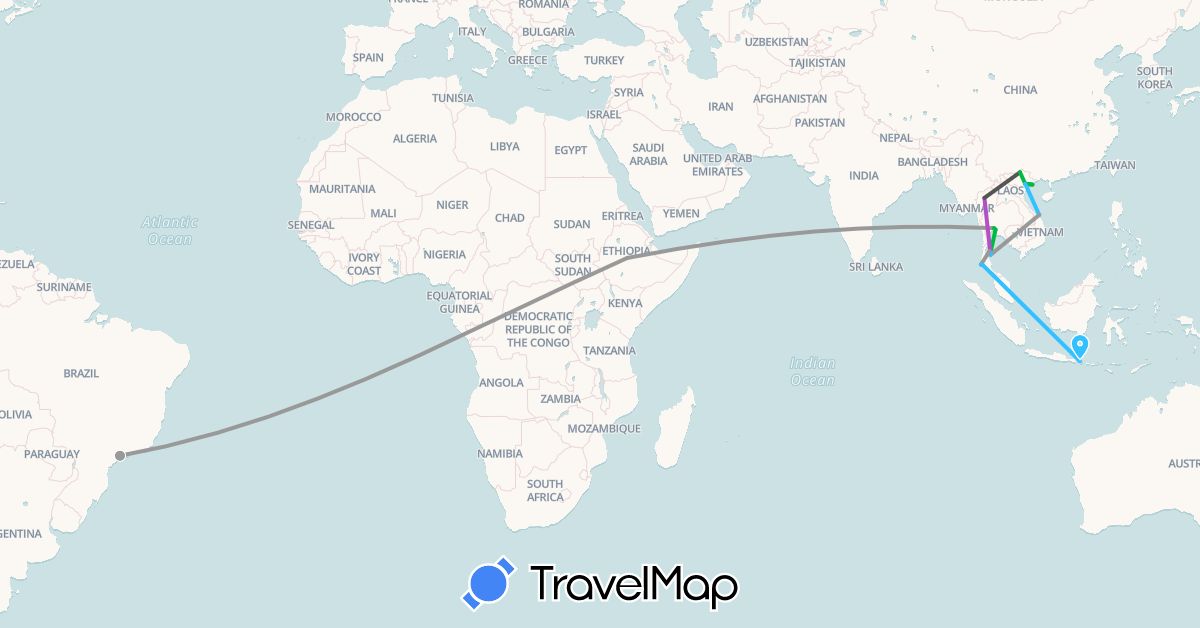 TravelMap itinerary: driving, bus, plane, train, boat, motorbike in Brazil, Ethiopia, Indonesia, Thailand, Vietnam (Africa, Asia, South America)